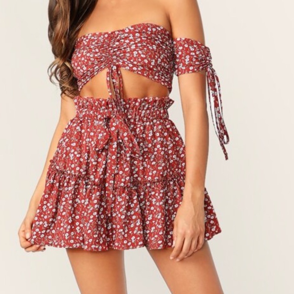 Shein red floral ruched crop top & flounce skirt set